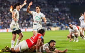 Warriors Adam Pompey celebrates his 2nd try during Round 24 of the NRL Premiership rugby league match - NZ Warriors v Dragons at Go Media Stadium.