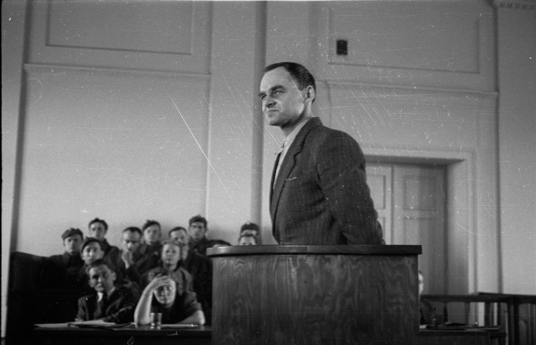 This file photo taken on March 3, 1948 shows Witold Pilecki testifying in court in Warsaw.