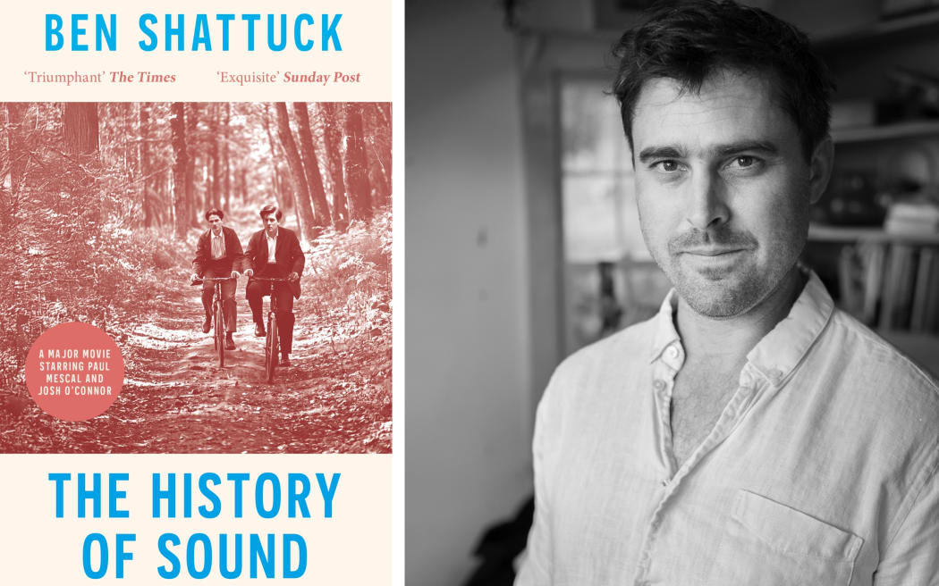 Black and white photo of author Ben Shattuck next to his book cover for 'The History of Sound'.