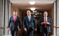Deputy Prime Minister Winston Peters, Prime Minister Christopher Luxon and ACT leader David Seymour on 24 November, 2023.