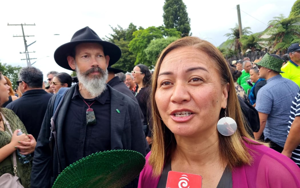 Marama Davidson at Tūrangawaewae Marae for a nationwide hui, on 20 January, 2024.