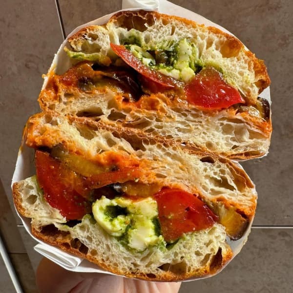 A cross section view of a super-sized vegetarian sandwich from Gloria's, Auckland.