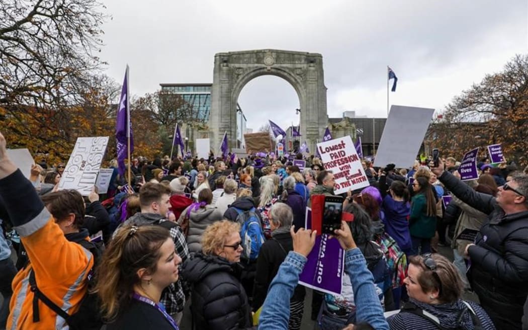 Outside the Bridge of Remembrance at the Christchurch nurses protest.