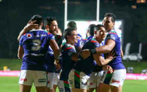 The Warriors celebrate the George Jennings  try. Manly Sea Eagles v Vodafone Warriors. NRL Rugby League, Lottoland, Sydney, NSW, Australia. 7th August 2020. Copyright Photo: David Neilson / www.photosport.nz