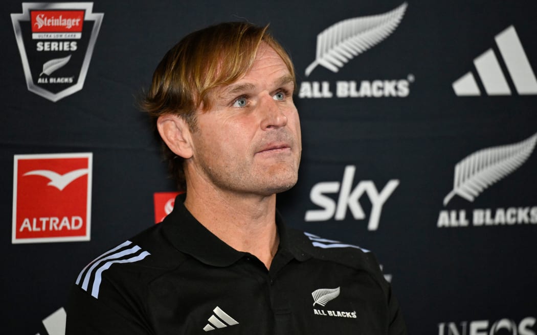 A pensive Scott Robertson contemplates his first test in charge of the All Blacks at a press conference on Thursday, July 4.