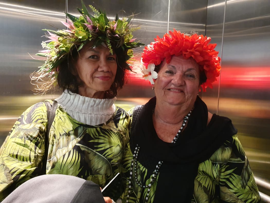Teta Dolores, left, a descendant of Tupaia with French Polynesia councillor Hart Doris.