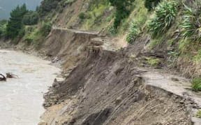 Severe damage from Cyclone Gabrielle on the road through Marainanga Gorge to Ākito, on the coast east of Dannevirke.