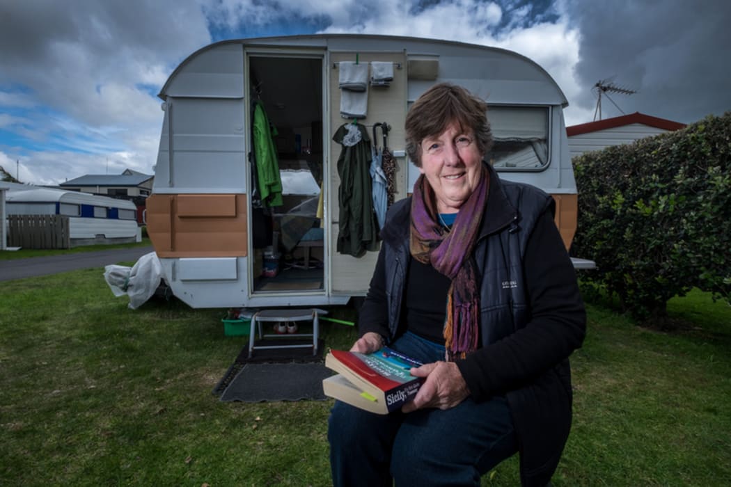 Retiree Lynette Haines outside her 3.3m caravan in BOP