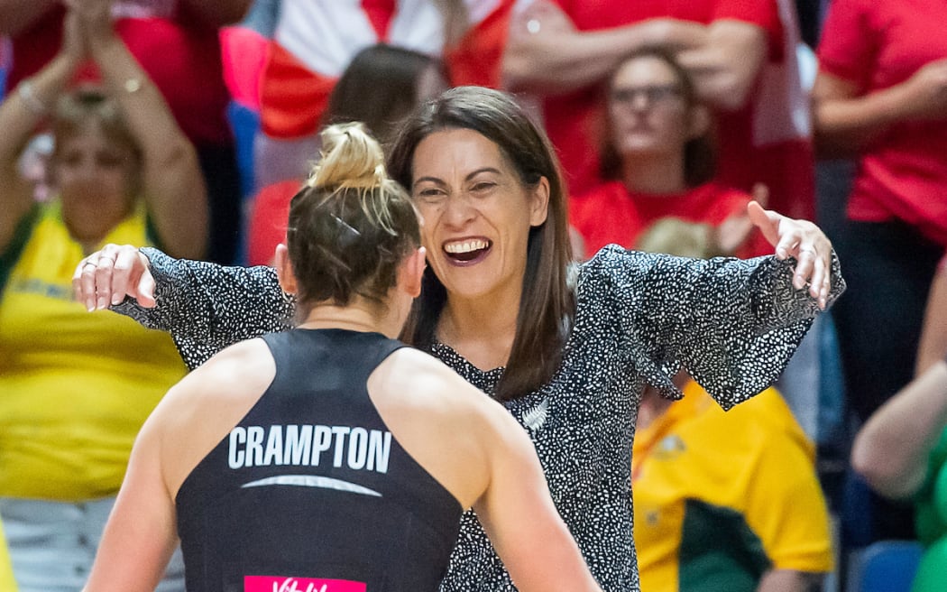 Silver Ferns coach Noeline Taurua celebrates with Gina Crampton after the semi-final victory over England.