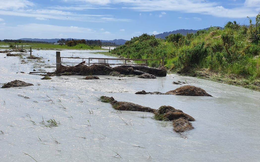 Part of the Franz Dairies farm at Waiho Flat was flooded last week after the flooded Waiho (Waiau) River carved a new channel through the farm.