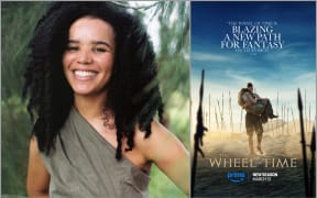 Image of Zoe Robins and a poster for season three of The Wheel of Time