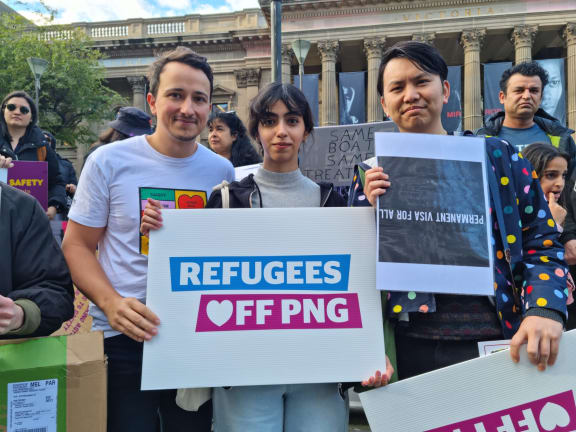 Asylum Seeker Resource Centre's advocacy manager Ogy Simic (left) at rally in July 2023.