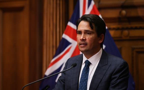 Simon Bridges talks to journalists after Judith Collins loses the National party leadership