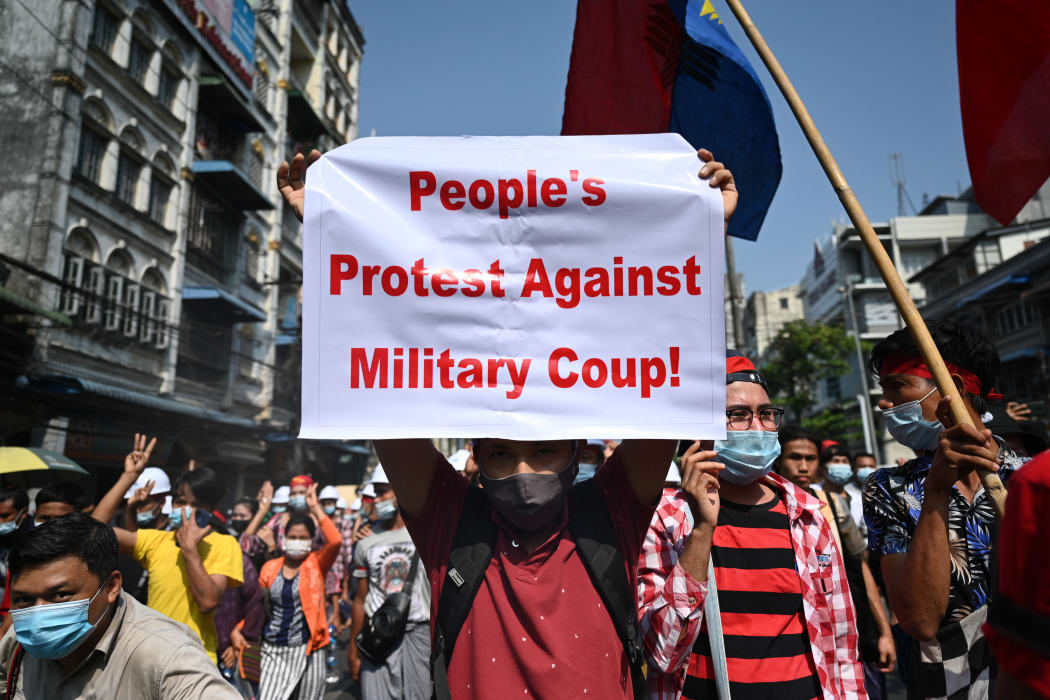Protesters in Yangon in one of the largest rallies yet against the coup in Myanmar.