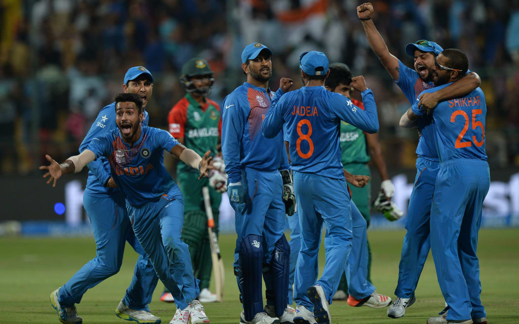 The Indian cricket team celebrate their win over Bangladesh at the World Twenty20.