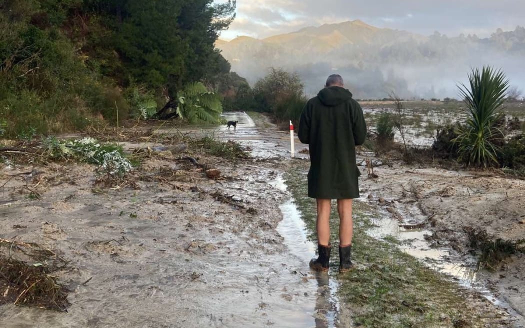 Flooding and damage in Otuwhero Valley and Sandy Bay Road near Marahau, during extensive floods in the area, on 12 July, 2025.