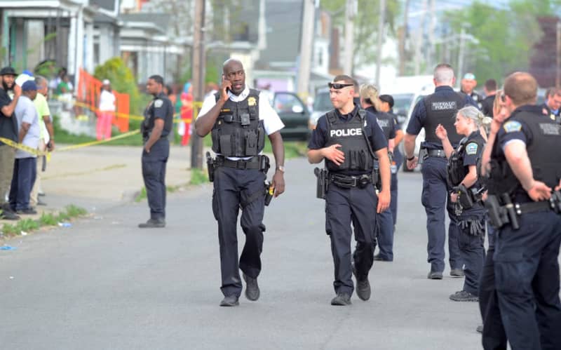 BUFFALO, NY - MAY 14: Buffalo Police on scene at a Tops Friendly Market on May 14, 2022 in Buffalo, New York. According to reports, at least 10 people were killed after a mass shooting at the store with the shooter in police custody.   John Normile/Getty Images/AFP (Photo by John Normile / GETTY IMAGES NORTH AMERICA / Getty Images via AFP)