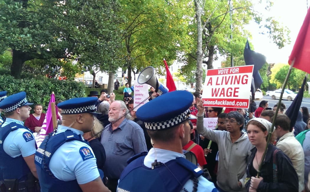 Police blocked demonstrators from the venue.