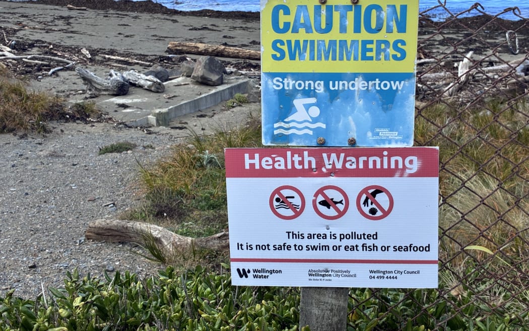 Warning sign on the beach around Wellington's south coast after nearly a billion litres of raw sewerage has been dumped in the marine reserve.