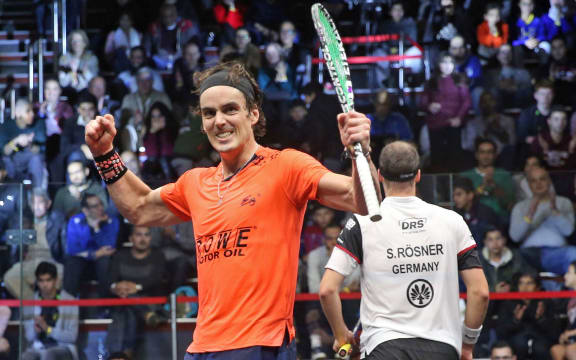 Paul Coll celebrates victory over Simon Rosner in Cairo.