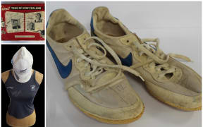 A selection of the items to be auctioned, including John Walker's record-breaking shoes.