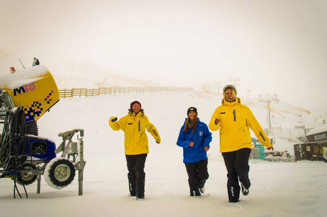 Coronet Peak staff (from left) Alice Dott, Nina Sevay and Willemijn Scholtens having fun in the snow.