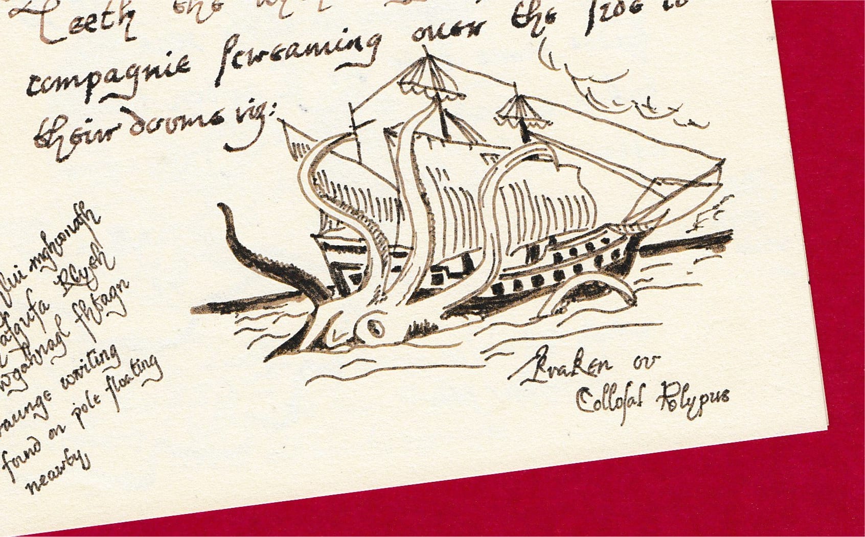 Drawing of a kraken attacking ship by Vicki Hyde.