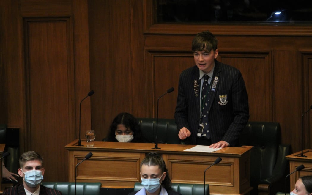 Cam Fraser, Youth MP representing Ingrid Leary in Taieri, gives his speech on the mock bill during Youth Parliament 2022.