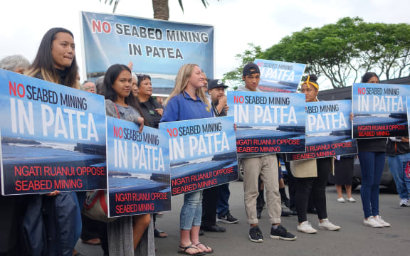 Busloads of people protested outside the Environmental Protection Agency hearing to consider Trans Tasman Resources' seabed mining application.