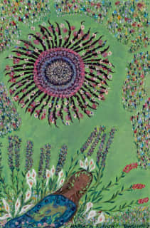 A colourful painting shows a brown-skinned women surrounded by abstract plants.