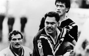 New Zealand Kiwis player Olsen Filipaina in action with Howie Tamati behind.