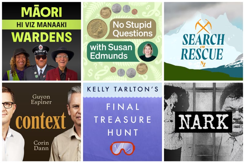 Artwork illustrating six podcasts on RNZ.