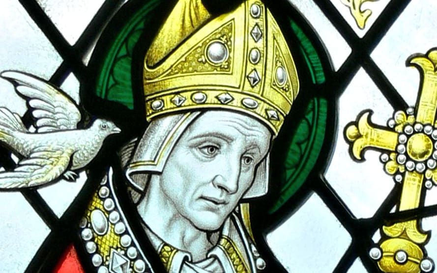 Stained glass window (1934) showing Saint David. Our Lady and Saint Non's chapel, St David's, Wales.
