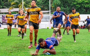 The Fijian Drua's Tuidraki Samusamuvodre dives over the tryline in Lautoka. 28 February 2026