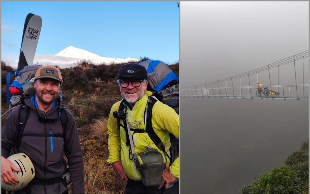 Left: Image of Laurence Mote and Huw Kingston. Right: Laurence crosses a suspension bridge in the Maunganui ski area of Mt Taranaki.