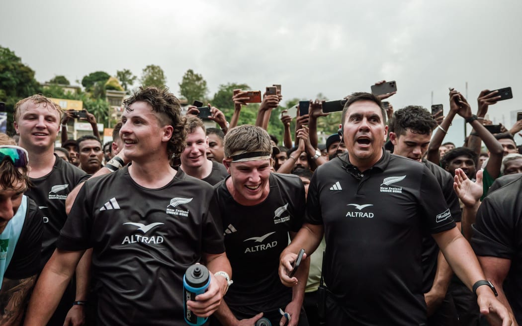 NZ U85kg players celebrate after their win against Sri Lanka.