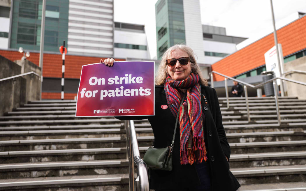 Nurse Karen Drummond on strike in Wellington.