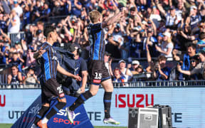 Auckland FC's Francis de Vries celebrates his goal. A-League, Auckland FC v Wellington Phoenix at Go Media Stadium.