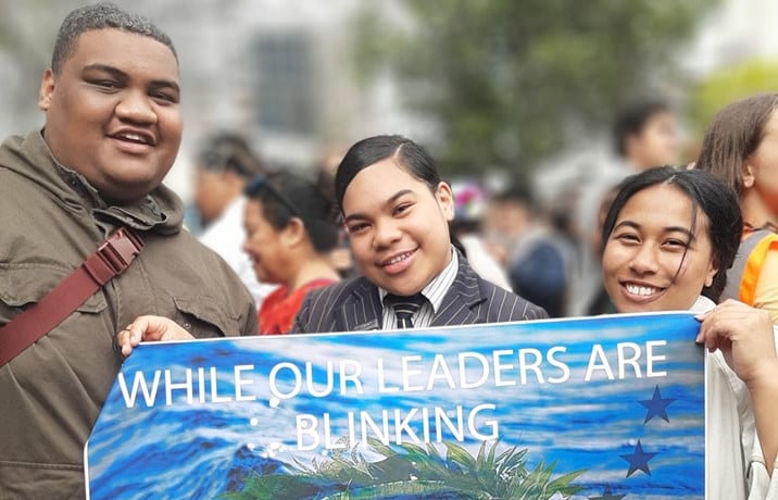 Student Saiaisi Pita, middle, with friends at the School 4 Climate Strike rally in Auckland last Friday.