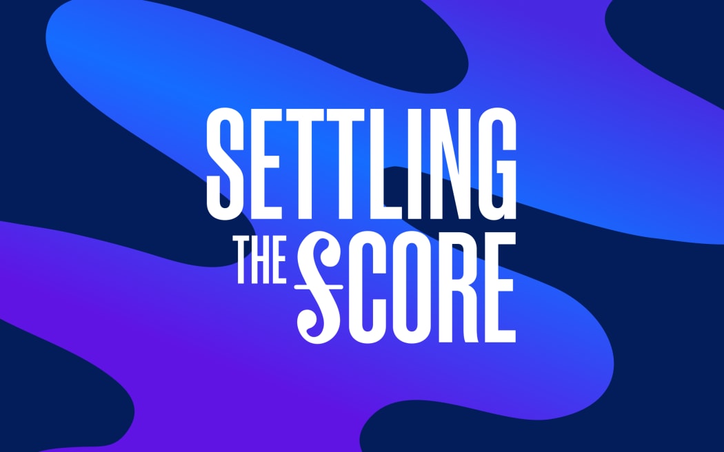 Colourful blue and purple shape over a dark blue background. Text reads "Settling the Score"