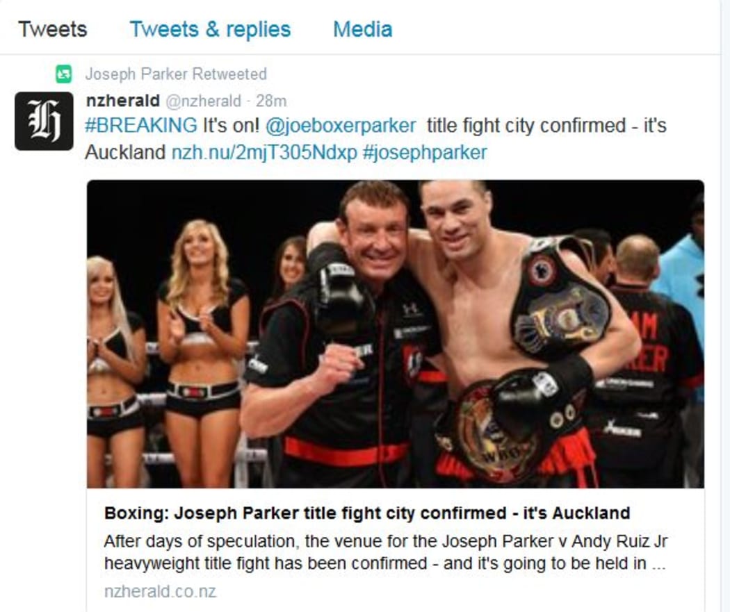 A screenshot of Joseph Parker's retweeted of NZ Herald's story that the fight had been confirmed for New Zealand.