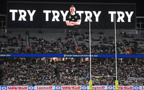 LED sign displays a try scored. Australia v New Zealand Black Ferns, Women’s Rugby World Cup New Zealand 2021 (played in 2022) pool match at Eden Park, Auckland, New Zealand on Saturday 8 October 2022.