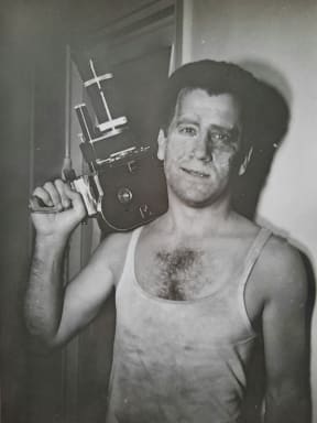 With his 16mm Bolex, straight after returning from filming the air-strikes by Israel on Jordan, 1967.