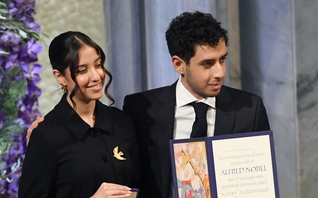 OSLO, NORWAY - DECEMBER 10: Nobel Peace Prize laureate Iranian activist Narges Mohammadi's daughter Kiana Rahmani and son Ali Rahmani attend the Nobel Peace Prize ceremony at Oslo City Hall on December 10, 2023 in Oslo, Norway. (Photo by Rune Hellestad/Getty Images)