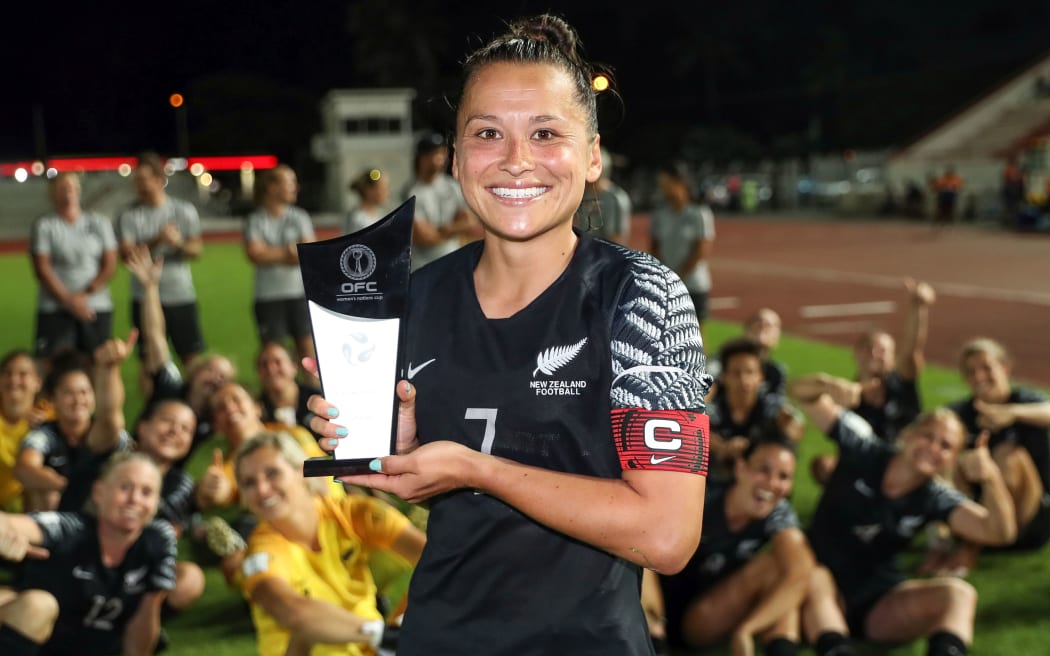 New Zealand's Ali Riley accepts the fair play award on behalf of New Zealand at the OFC Womens Nations Cup in December.