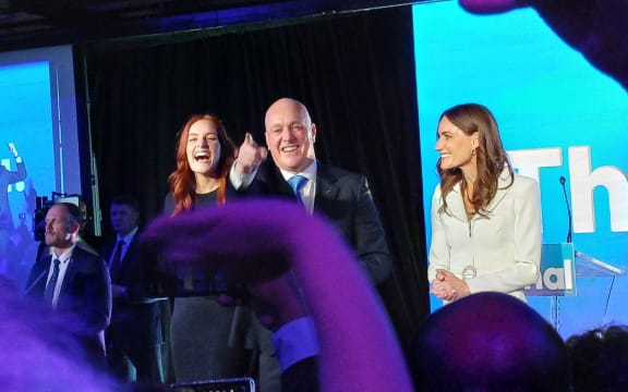 National leader Christopher Luxon celebrates after the 2023 election results were revealed.
