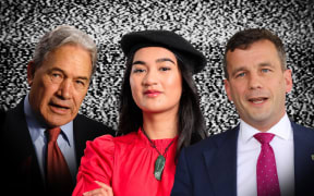 Collage of Winston Peters, Hana-Rāwhiti Maipi-Clarke, and David Seymour with black and white TV static background
