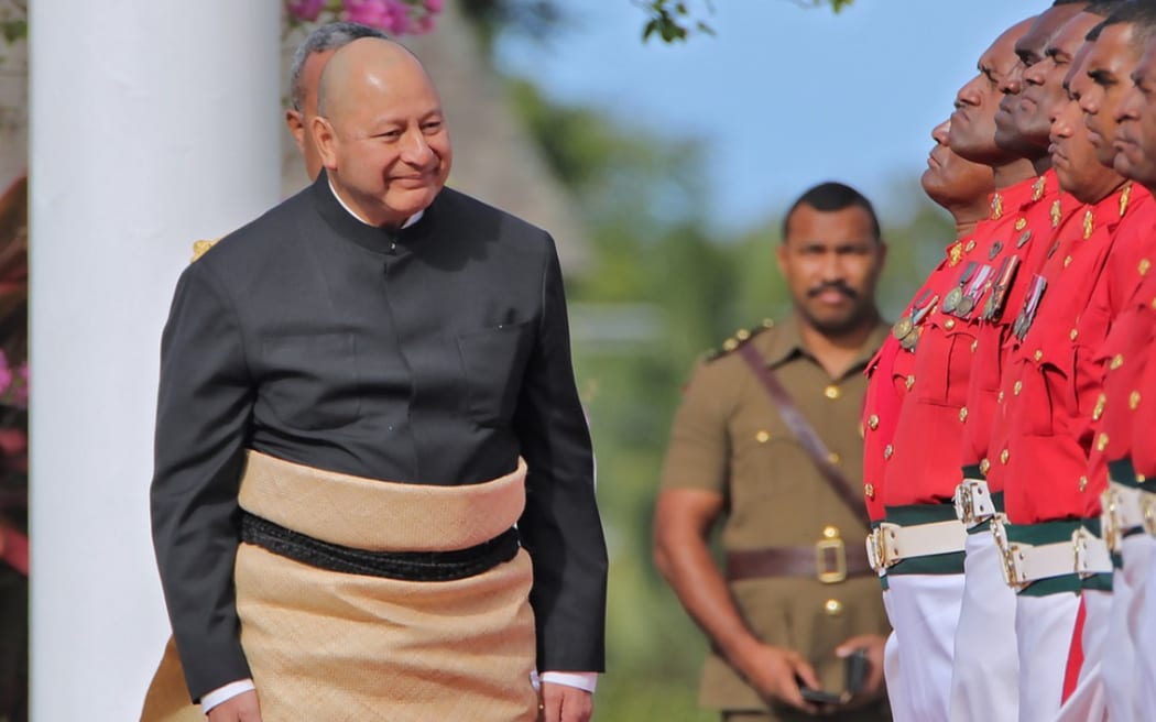 King Tupou VI inspects the guard of honour during his official state visit to Fiji in July 2025.
