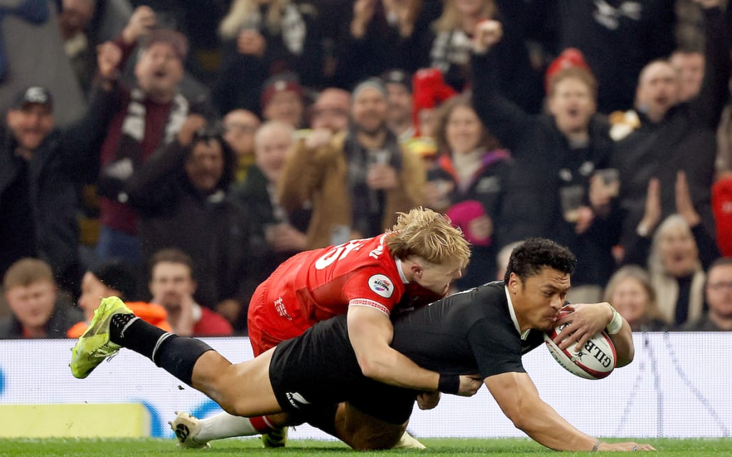 Caleb Clarke of scores the opening try, All Blacks v Wales at Principality Stadium, Cardiff.