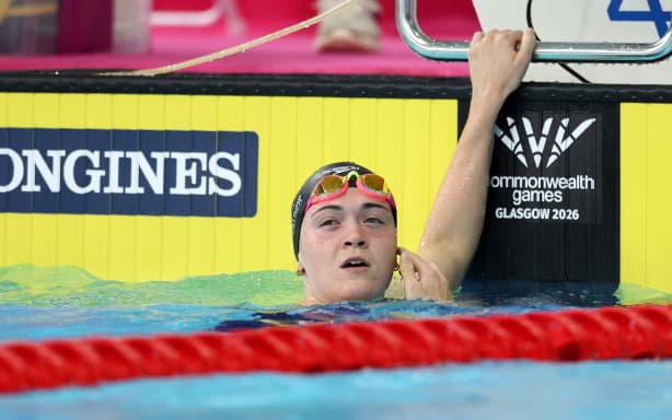 GLASGOW, SCOTLAND - JULY 24: Erika Fairweather of Team New Zealand reacts after competing during the Women’s 4 x 200m Freestyle - Heats on day one of the Glasgow 2026 Commonwealth Games at Tollcross International Swimming Centre on July 24, 2026 in Glasgow, Scotland. (Photo by Michael Steele/Getty Images)
